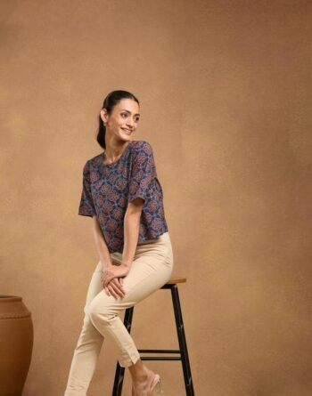Blue Cotton Ajrakh Printed Short Top for Casual Elegance