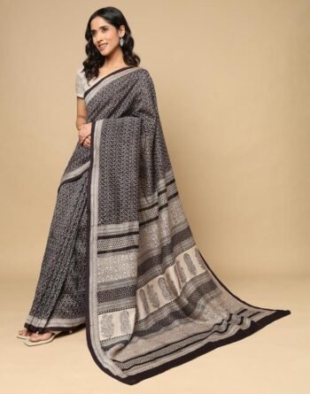 Black Cotton Silk Bagh Printed Sari