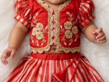“Red & Gold Baby Ethnic Lehenga Set with Embroidered Jacket” (Stiching & Aariwork Only)