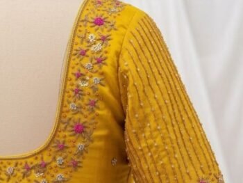 Bright Yellow Blouse with Intricate Pink Thread Embroidery