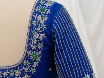 Luxury Contrast Blouse in Pepsi Blue with Green Thread Detailing Work