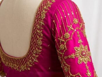 Royal Pink Aari Blouse with Elegant Golden Handwork