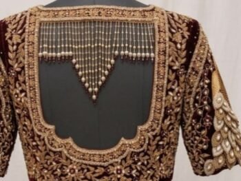 “Royal Maroon 3D Peacock Bridal Blouse with Pearl Drape Back Design”