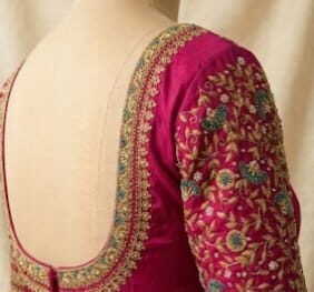 Royal Pink Aari Embroidery Blouse with Antique Gold & Teal Detailing